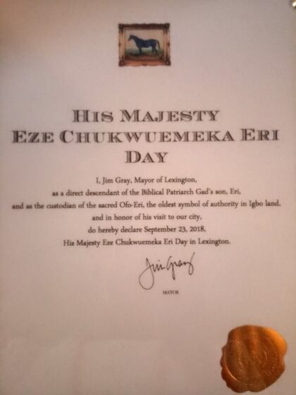 The Mayor of Lexington officially recognize “September 23 2018” as His Majesty, Eze Eri Day